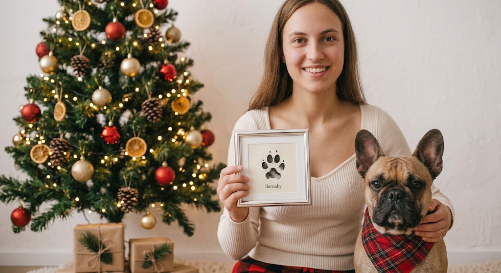 Frau lächelt mit Französischer Bulldogge neben Weihnachtsbaum und hält gerahmten Pfotenabdruck mit Namen Barnaby – Pfotenabdruck-Set als Geschenkidee von Zinou Minimanufaktur