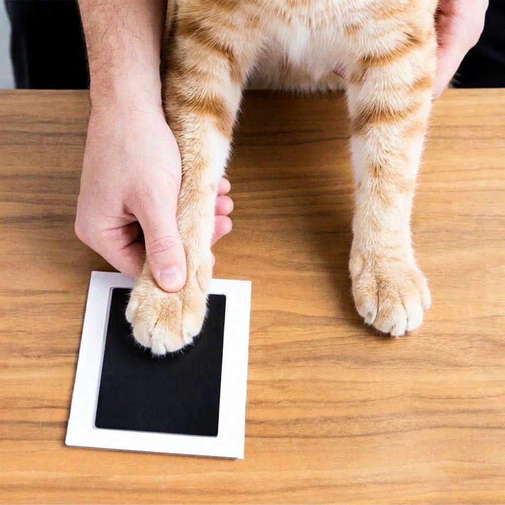 Hand drückt Katzenpfote sanft auf tintenloses Stempelkissen auf Holztisch – Anwendung des Pfotenabdruck-Sets von Zinou Minimanufaktur