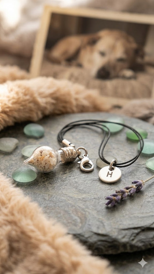 Glasphiole mit Tierhaar und silbernem Buchstaben-Charm H an schwarzer Kordel auf Schieferstein mit Lavendel, Hundefoto im Hintergrund – personalisierter Gedenkschmuck von Zinou Minimanufaktur