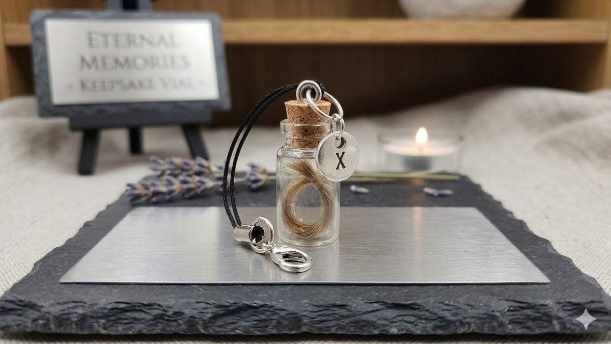 Glasphiole mit Korkstöpsel und Buchstaben-Charm an schwarzer Kordel, befüllt mit Pferdehaar – Erinnerungsschmuck DIY von Zinou Minimanufaktur