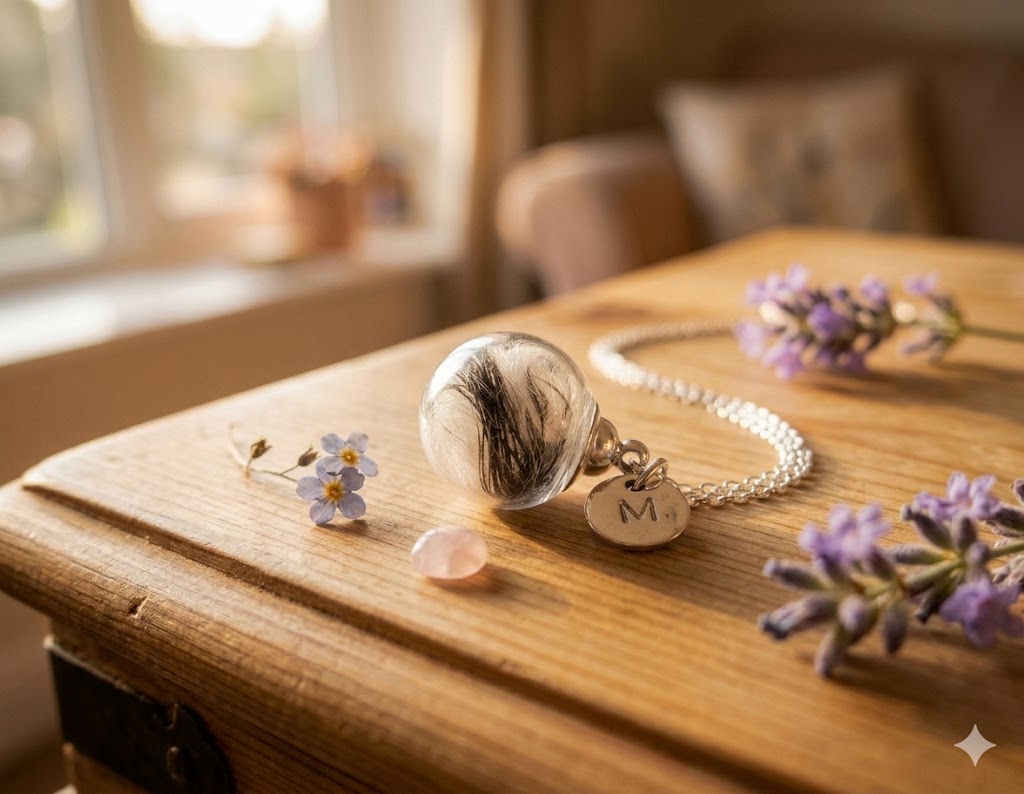 Glasphiole mit Tierhaar und silbernem Buchstaben-Charm M an Silberkette auf Holztisch mit Lavendel und Vergissmeinnicht – personalisierter Gedenkschmuck von Zinou Minimanufaktur
