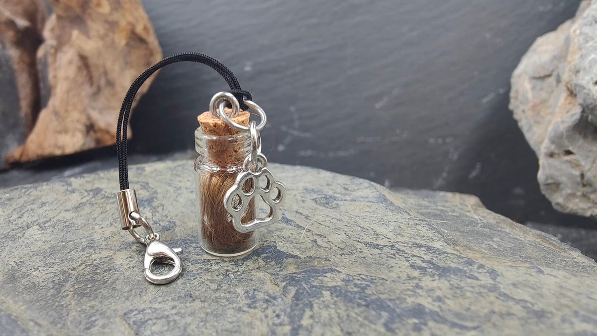 Glasphiole mit Pfoten-Charm und braunem Fell befüllt auf Naturstein – Erinnerungsschmuck DIY von Zinou Minimanufaktur
