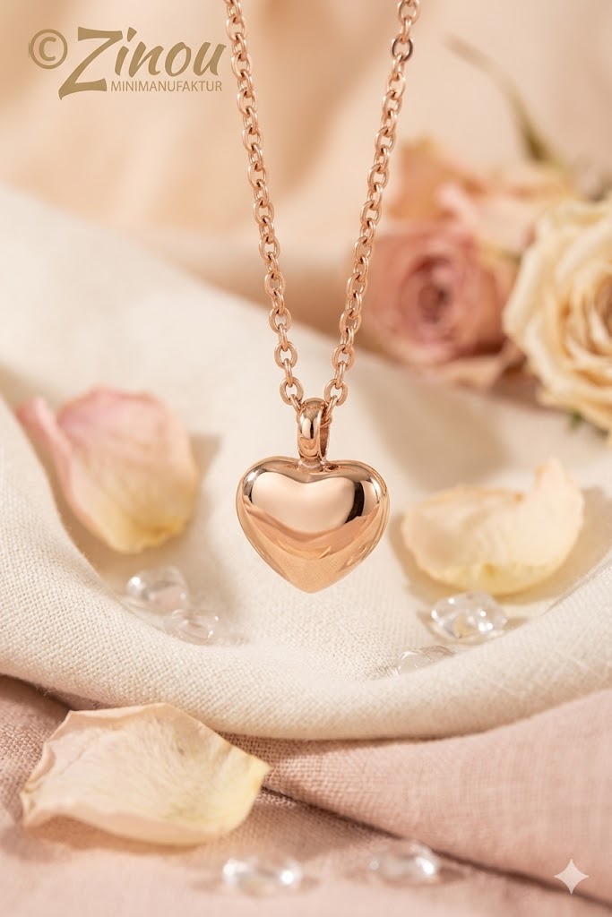 Nahaufnahme einer roségoldenen Halskette mit befüllbarem Herzanhänger als Mini-Urne, dekoriert mit rosa Rosenblütenblättern und Zinou Minimanufaktur Logo