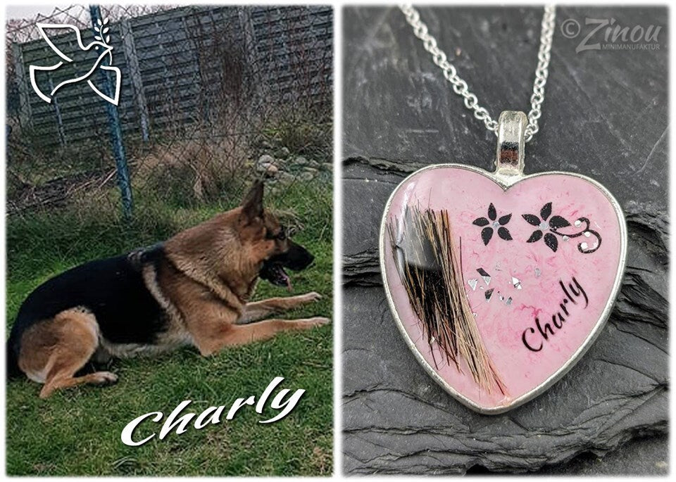 Personalisierter rosafarbener Herz-Anhänger mit Hundehaar, Blütenmotiv und Namen Charly an Silberkette auf Schieferstein, daneben Foto des Schäferhundes Charly – Gedenkschmuck von Zinou Minimanufaktur