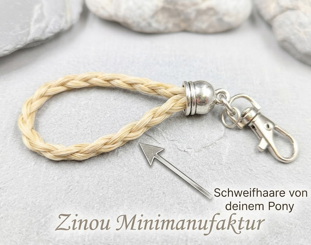 Schlüsselanhänger Pferdehaarschmuck aus den weißen Schweifhaaren vom eigenem Pferd oder Pony