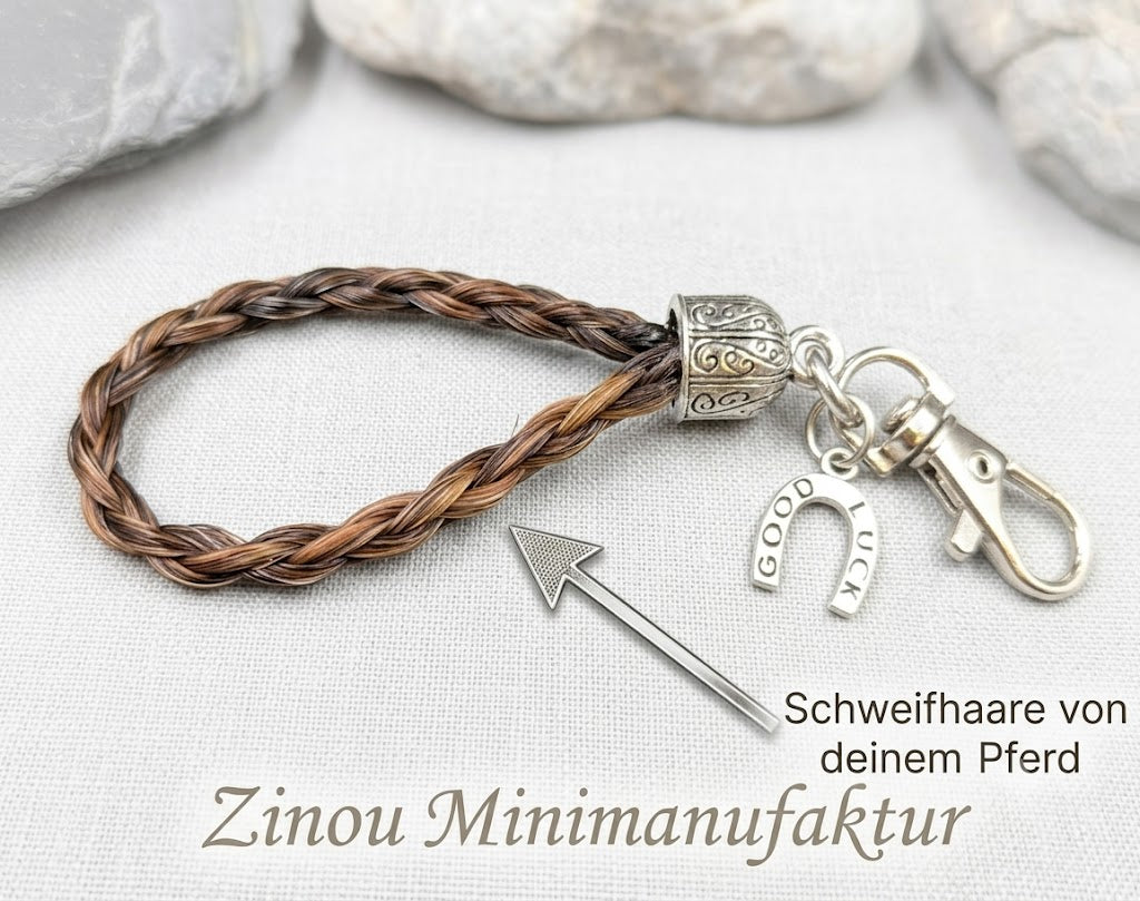 Schlüsselanhänger Pferdehaarschmuck aus braunem Schweifhaar vom eigenem Pferd oder Pony mit Good luck charm