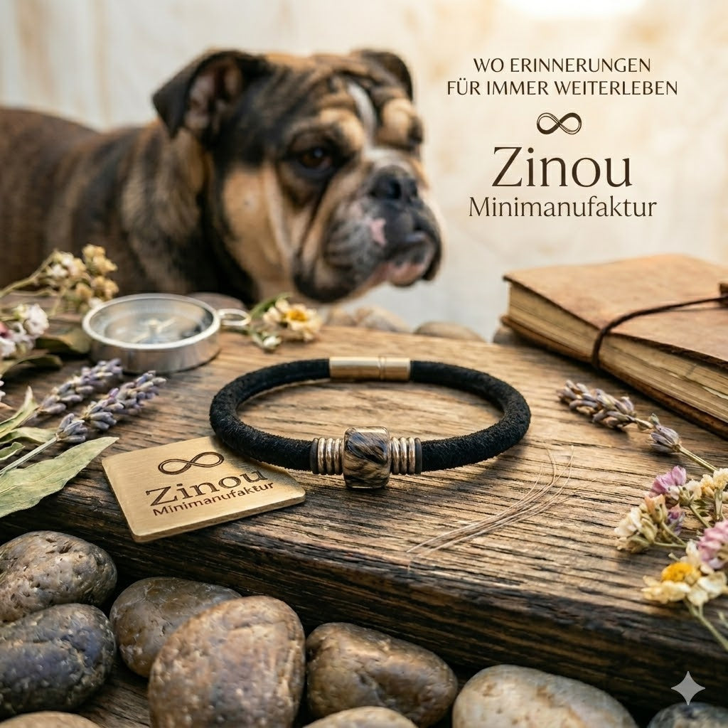 Schwarzes Lederarmband mit Fellperle auf Holzoberfläche arrangiert, mit English Bulldog im Hintergrund und Spruch Wo Erinnerungen für immer weiterleben