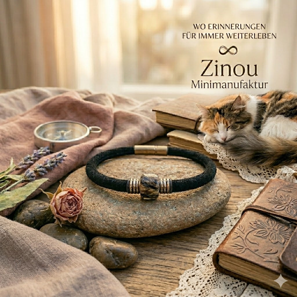 Schwarzes Lederarmband mit eckiger Fellperle auf einem Stein platziert, im Hintergrund eine dreifarbige Katze, Bücher und der Schriftzug Wo Erinnerungen für immer weiterleben