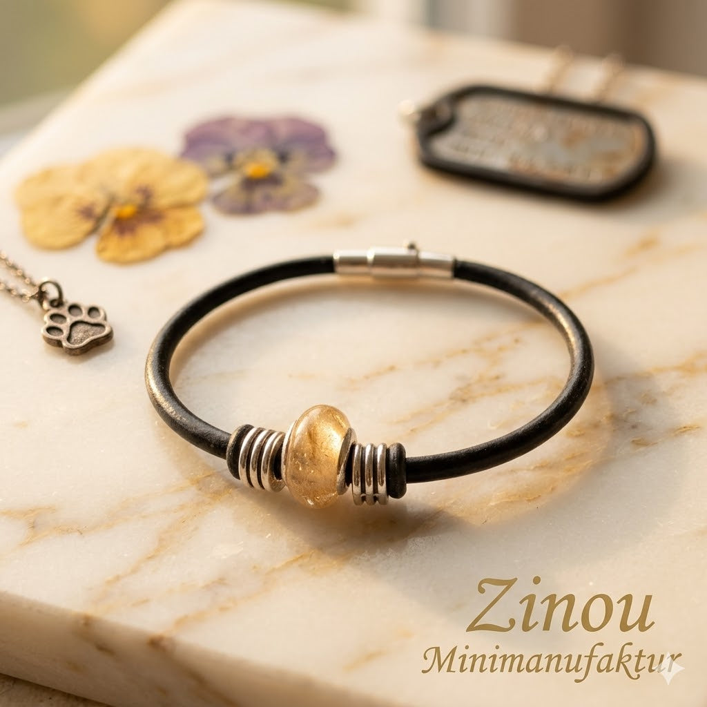 Slick-Armband mit einer goldenen Fellperle an schwarzem Lederband auf Marmor – Tierhaarschmuck von Zinou Minimanufaktur