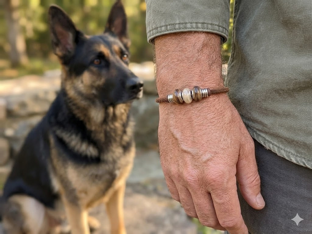 Slick-Armband mit drei Fellperlen und silbernen Ringen an brauner Lederkordel am Handgelenk getragen, Schäferhund im Hintergrund – Tierhaarschmuck von Zinou Minimanufaktur