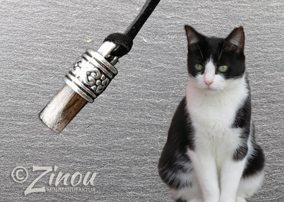Stäbchen-Amulett mit hellem Tierhaar und silberner Zierfassung hängend an schwarzer Kordel vor schwarz-weißer Katze – Tierhaarschmuck von Zinou Minimanufaktur