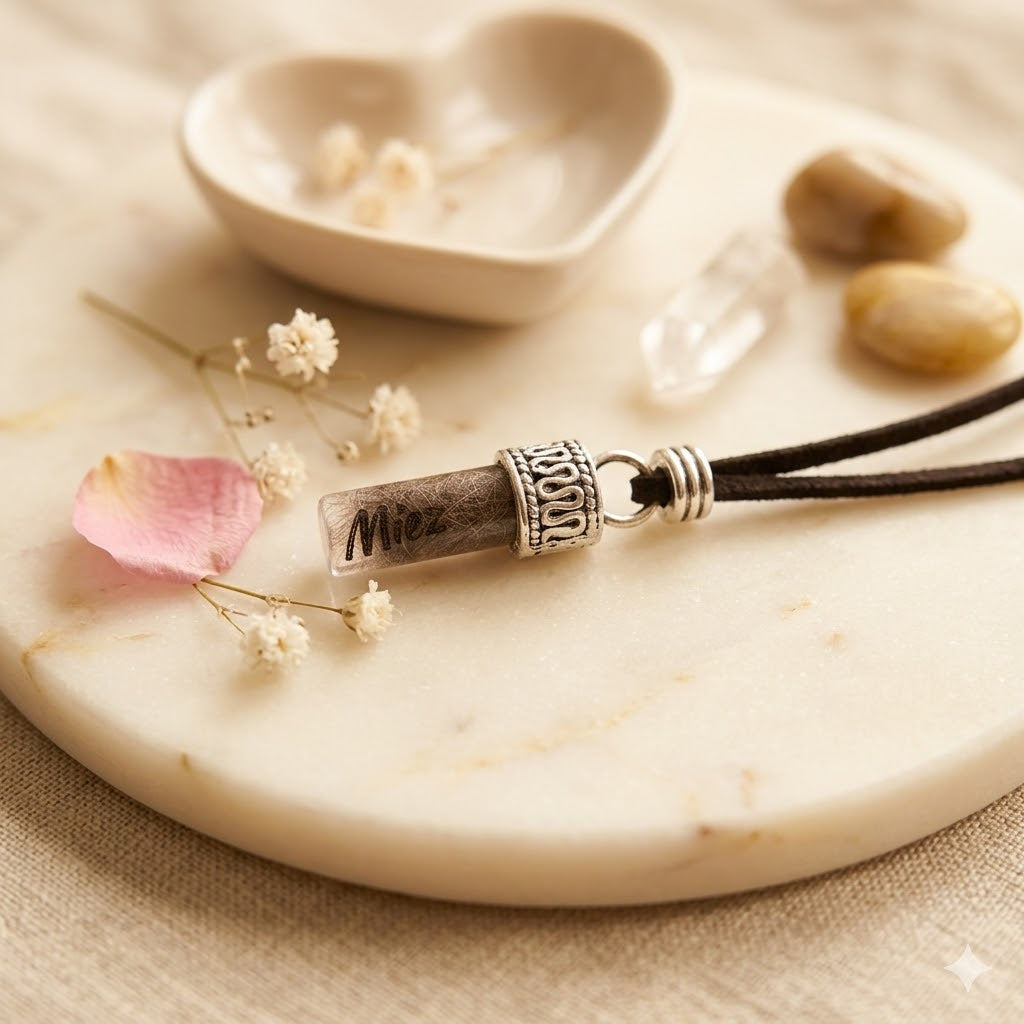 Stäbchen-Amulett mit hellem Tierhaar und silberner Zierfassung mit Herzornament an schwarzer Kordel auf Marmor, Draufsicht – Tierhaarschmuck von Zinou Minimanufaktur