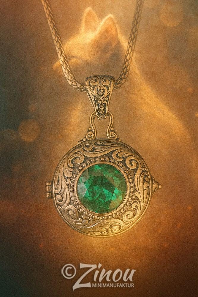  Amulett „Smaragd" mit grünem Stein und Ornamentmuster an Kette, Katzensilhouette im Hintergrund – Gedenkschmuck von Zinou Minimanufaktur