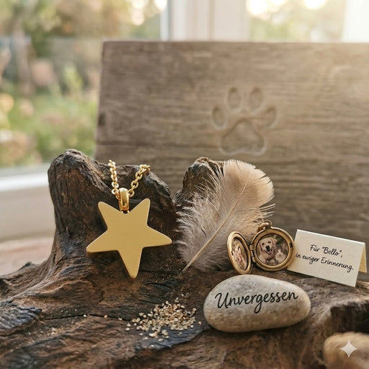 Goldener Stern-Anhänger Urnenschmuck auf Treibholz mit Feder, Medaillon und Stein „Unvergessen" – Gedenkschmuck von Zinou Minimanufaktur