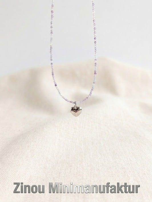 silberner Herzanhänger Urne Gedenkschmuck an einer Perlenkette aus Amethyst 40cm lang und zierlich