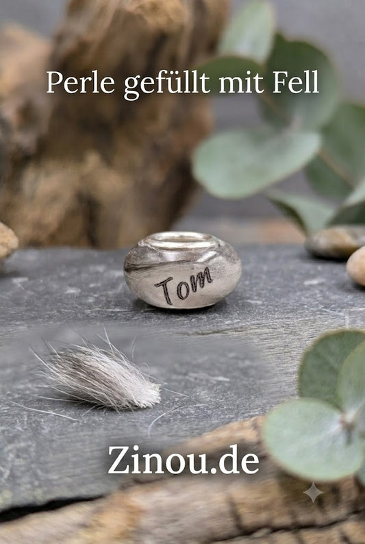 personalisierte Großlochperle gefüllt mit Fell von deinem Hund mit Name für dein Pandora Armband oder Trollbead Modulperle 