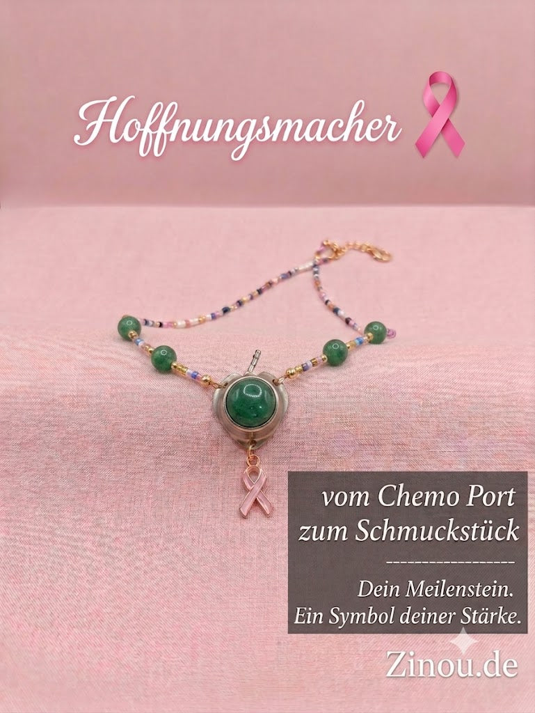 Chemo Port Anhänger an Perlenkette aus Aventurin Andenken mit Chemo Schleife 
