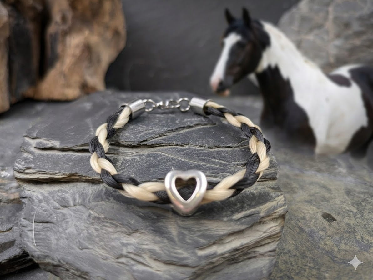 Bracelet en crin de cheval avec cœur, bijoux en poils d'animaux, crin de cheval, queue, bracelet, mémoire, poney